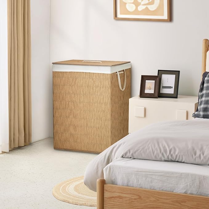 Laundry Hamper with Lid, 52.8 Gallon(200L) Large Laundry Basket 2 Removable Liner Bags, Synthetic Rattan Clothes Hamper with Side Pocket, laundry organization for bathroom, laundry room, Natural
