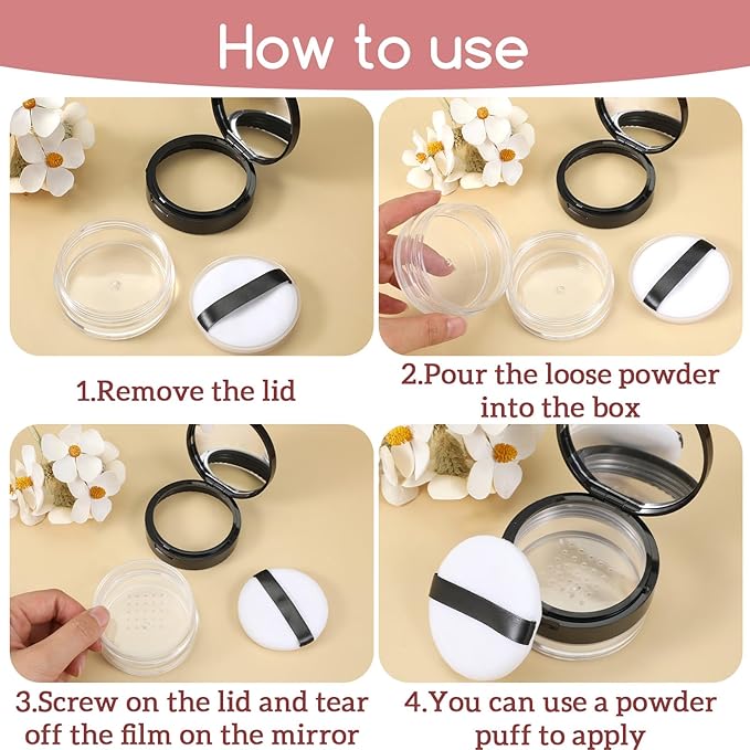20g (0.7 oz) No Leaks Empty Reusable Plastic Loose Powder Container, Portable DIY Makeup Powder Container Compact Case Plastic Cosmetic Jars with Sponge Powders Puff Elasticated Net Sifter (Black)