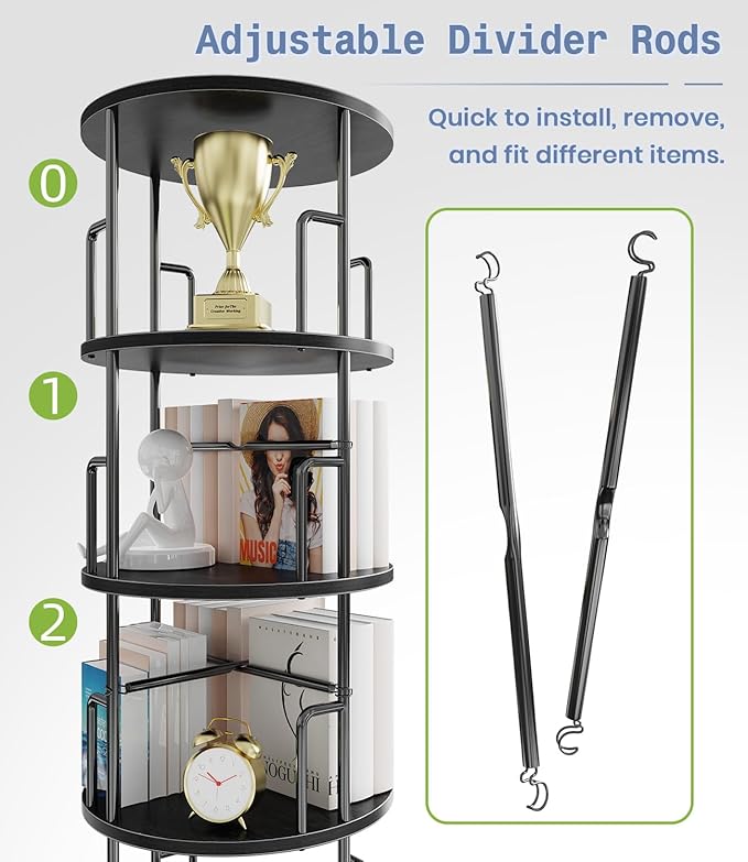 3 Tier Rotating Bookshelf Tower Round Black,37”Floor Standing Spinning Bookshelf Tower Anti-Tipping Design,Metal & Wood Revolving Bookcase Stackable Space Saving for Small Spaces,Study,Living Room