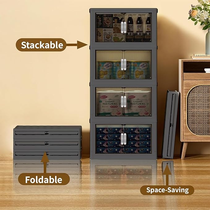 Stackable Storage Bins,Plastic Storage Bins with Lid and Wheels, Collapsible Storage Containers with Magnetic Doors, Foldable Storage Boxes for Home, Pantry, Office (L, Gray 2-Tier)
