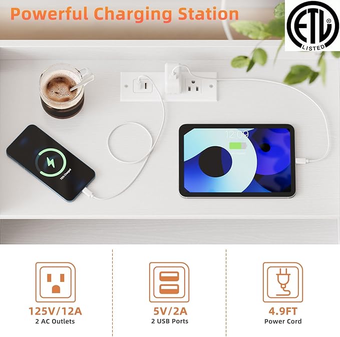 Nightstand with Charging Station and LED Light,Modern Nightstand with USB Ports and Outlets,Wood Bedside Tables with 2 Storage Drawers,Small Dresser for Bedroom Small Space,White