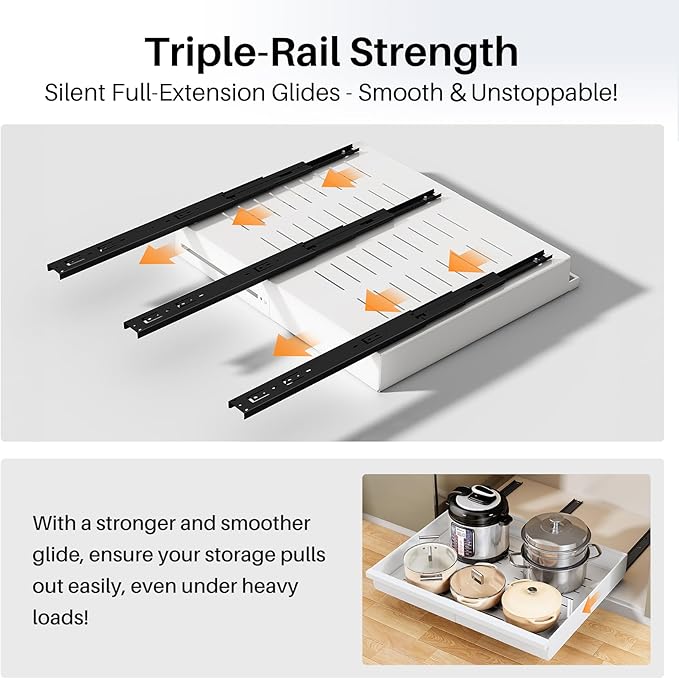 Pull out Cabinet Organizer, 2-Pack Expandable(13.6"-24") Silde out Drawers with Raising Pad for Framed Cabinets, Adjustable Full-Extension Adhesive Roll out Shelves for Kitchen Pantry Home Pot and Pan