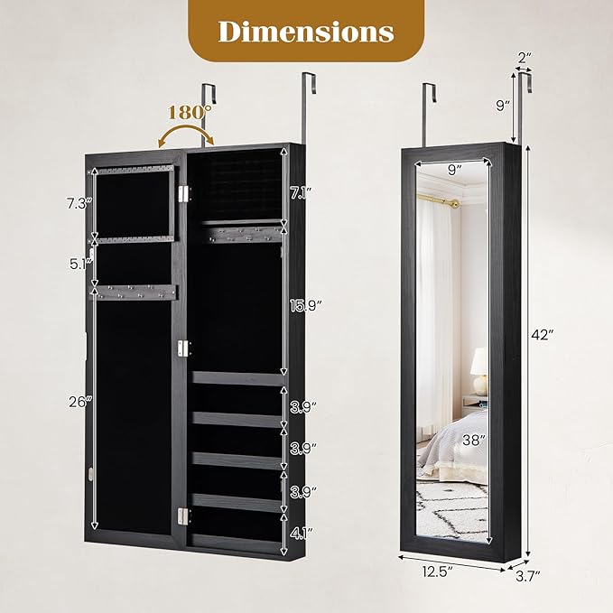 Giantex Wall or Door Mounted Jewelry Cabinet with Full Length Mirror, Over The Door Jewelry Armoire Organizer, Hanging Storage Cabinet with Necklace Hooks, Earring Slots, Ring Slots & Shelves (Black)