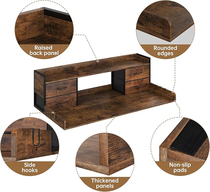 4 Drawers Washer Dryer Countertop with Shelf, 27.5" D x 54" W Laundry Topper with 3.54" High Guardrails and Non-Slip Pads,Extra Storage Organizer for Over Washer and Dryer, Holds 66 Lbs,Vintage Brown