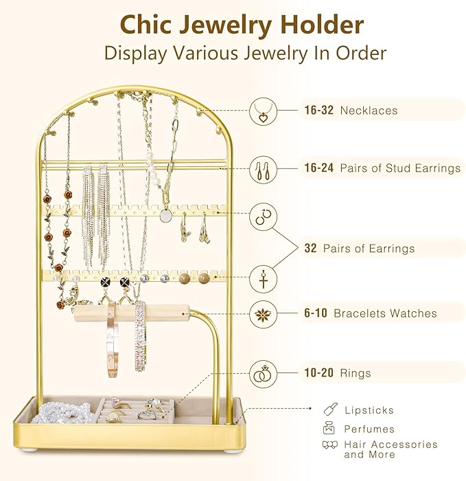 Multi-Functional Jewelry Holder Organizer Necklace Display Stand Velvet Lined Bar for Rings 2 Tier with 18 Hooks, 32 Earring Holes - Sturdy and Durable, Easy Organization Gold