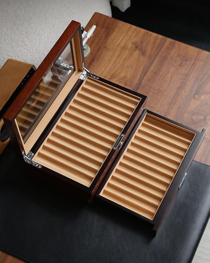 Wood Fountain Pen Case, 24 Slot Storage Organizer with Drawer, Glass Top Display Box for Collection