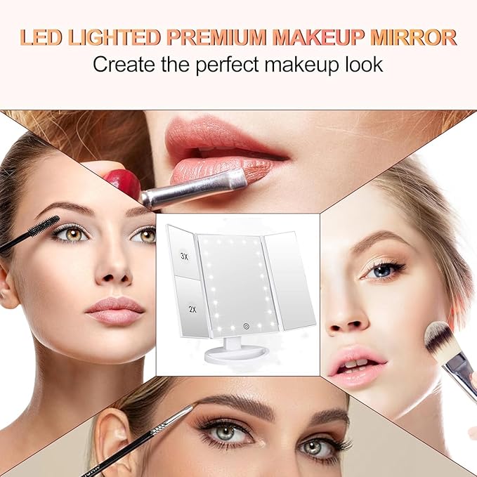 Tri-fold Lighted Vanity Makeup Mirror with 3x/2x Magnification,21 LEDs Light and Touch Screen,180 Degree Free Rotation Countertop Cosmetic Mirror,Travel (White)