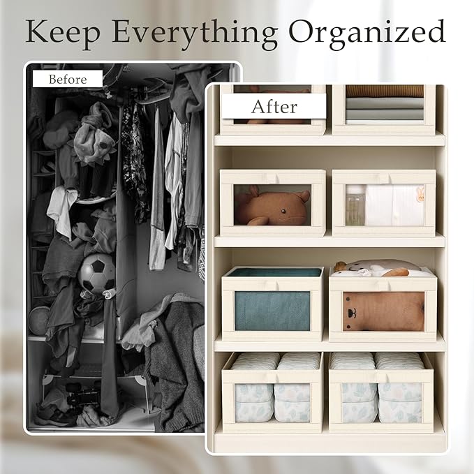 Criusia Beige Linen Closet Organizers and Storage, 8 Pack Foldable Mesh Window Large Linen Closet Baskets