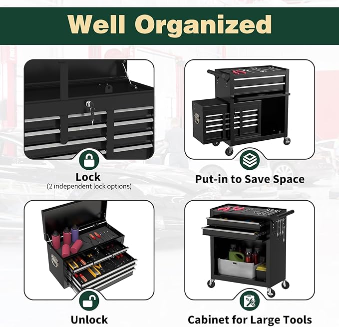 8-Drawer Heavy Duty Tool Chest with Wheels - Industrial Rolling Tool Box, Lockable Drawers & Smooth Glide System for Mechanics, Garage, Auto Repair Shop(Black)