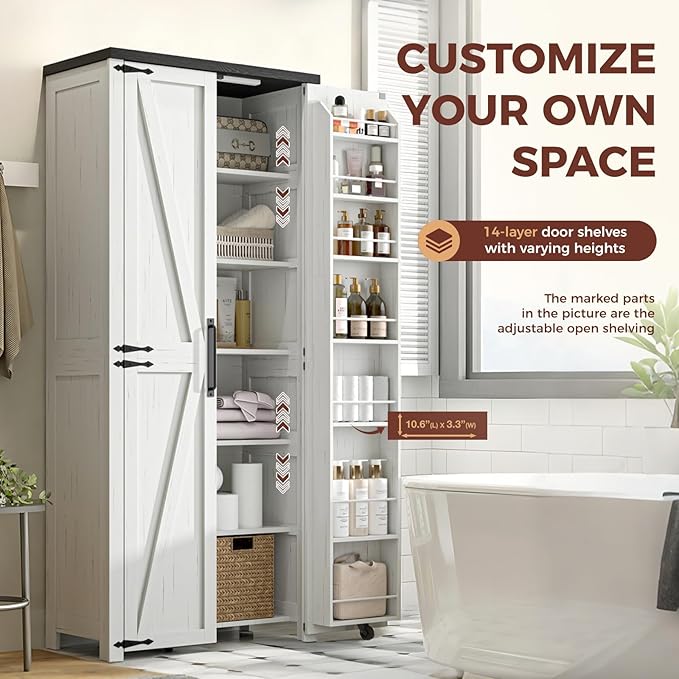 White Farmhouse Kitchen Pantry Cabinet, 72" Tall Storage Cabinet with Adjustable Shelves，Farmhouse LED Food Storage with 2 Barn Doors for Kitchen, Dining Room, Living Room