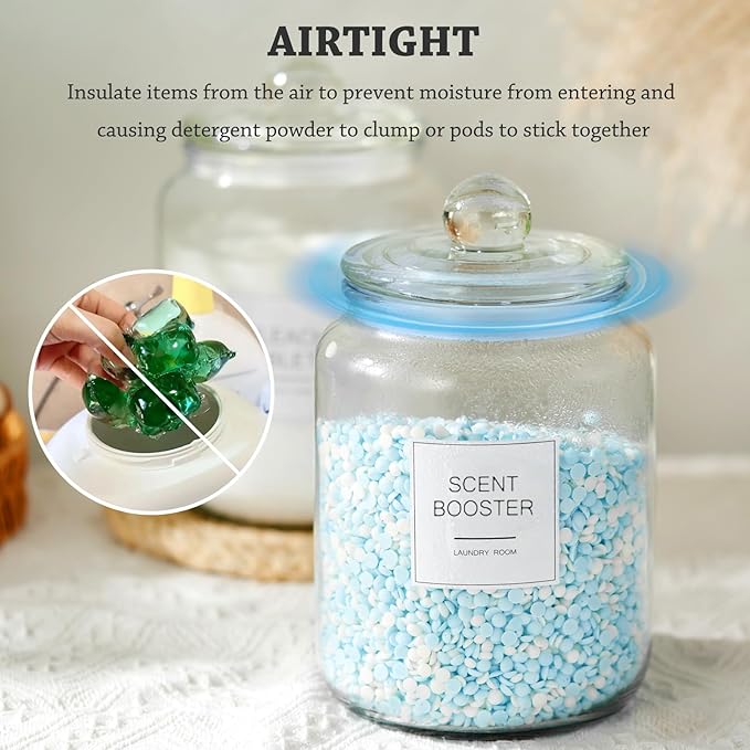Laundry Glass Jars with Dryer Sheets Holder, Containers with Scoop and Labels for Laundry Room Organization and Storage Detergents Pods or Powder, Scent Booster Beads, Set of 3