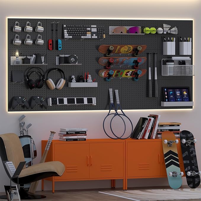 Peg Board,4 Pack Metal Pegboard Panels and Accessories,Heavy Duty Peg Board, Black Wall Pegboards Organizer for Garage,Bedroom,Ornaments Display