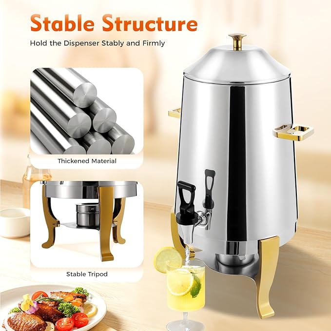 3.4 Gallon Stainless Steel Hot Beverage Dispenser, 13L Coffee Urn with Fuel Holder, Hot Chocolate/Coffee/Apple Cider Chafer for Party Buffet Catering, Durable Aluminum Tripod
