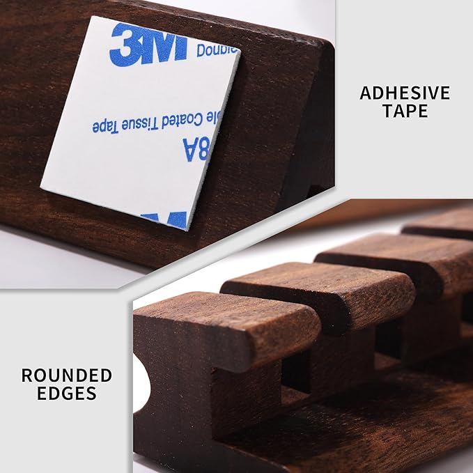 Walnut Wood Cord Holder – 5 Slots Cable Organizer with Adhesive Tape, Desk Wire Management for USB, Charging, HDMI, and Type-C Cables (5 Slot)