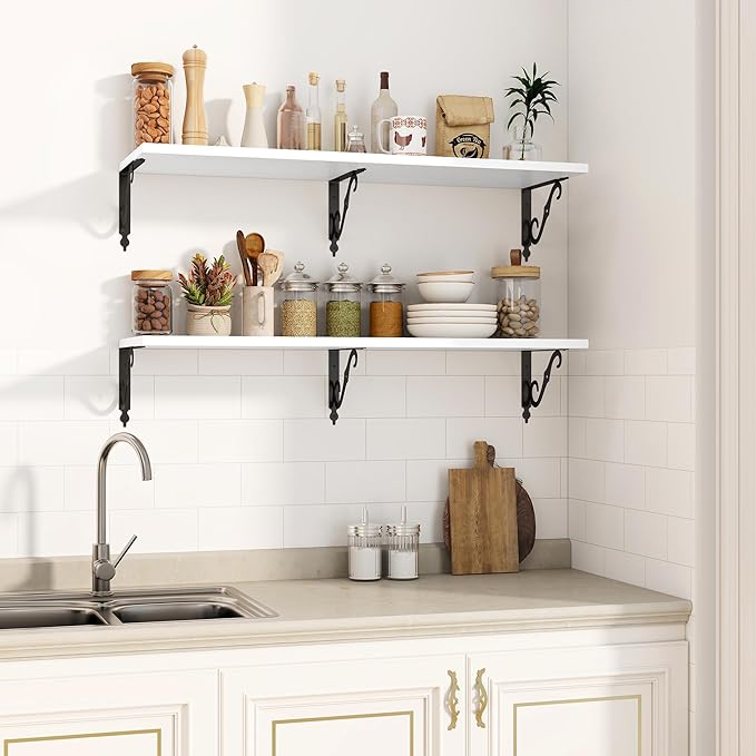 Fun Memories 40 Inch Floating Shelves Wall Mounted, 12 Inch Deep Wall Shelves with Bracket, Rustic Hanging Bookshelf, 40" Bookshelves for for Living Room, Kitchen and Bedroom, White, Set of 2