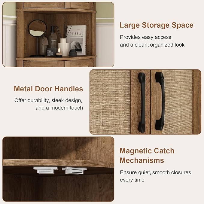 Tall Corner Cabinet, 64.7" Rattan Corner Storage Cabinet with 4 Doors and 5 Storage Shelves, Farmhouse Space Saver, Boho Shelf for Living Room, Kitchen, Bathroom, Office