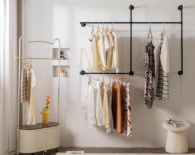 Industrial Pipe Clothing Rack Heavy Duty Wall Mounted Clothes Rack,Pipe Garment Rack Rail,Indoor Detachable Multi-Purpose Clothing Hanging Rod/Garment Bar, Black (3 hanging rods wall garment rack)