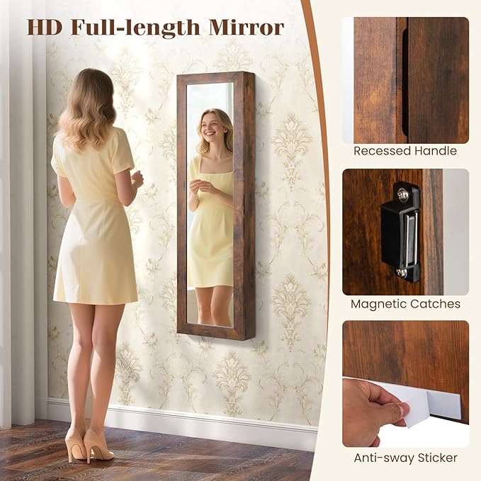 Giantex Wall or Door Mounted Jewelry Cabinet with Full Length Mirror, Over The Door Jewelry Armoire Organizer with Lights, Large Storage with Necklace Hooks, Earring Slots & Shelves (Rustic Brown)