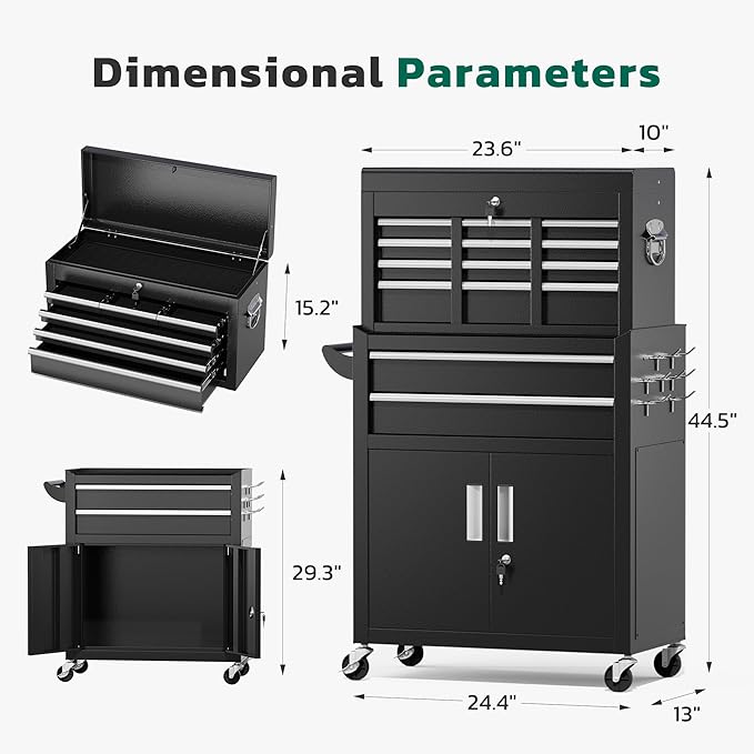 Greenvelly Metal Tool Chest,8-Drawer Rolling Tool Cart with Wheels,2 in 1 Detachable Tool Cabinets,Tool Box,Liners and Locking System for Garage,Warehouse,Workshop, Barbershop(Black)