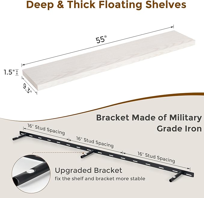 Fun Memories 55Inch Floating Shelves for Wall 1 Pack Shelves for Bedroom|Kitchen|Bathroom Wall Mounted Rustic Wood Floating Shelf with Invisible Brackets for Books|Storage|Decor, Brich