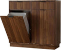 Double Tilt Out Trash Can Cabinet, Laundry Hamper Cabinet with 2 Drawers, Trash Can Holder Cabinet, Wave-Textured Front, 2 × 10 Gallon, Walnut