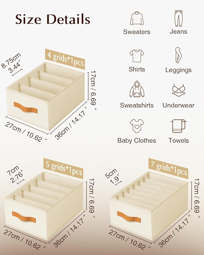 Clothes Organizers and Storage - 4/5/7 Grids Fabric Jeans Organizer with Handles, Foldable Closet Organizers Dividers, Wardrobe organizer for Pant, Sweater, T-shirt, Scarf, 3 Pack, Beige