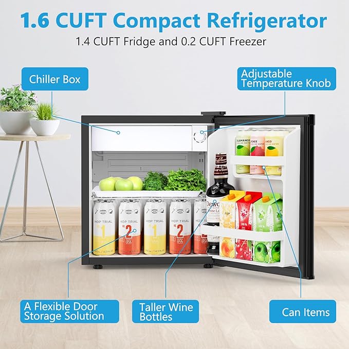 1.6 Cu.ft Mini Fridge with Freezer, Compact Refrigerator, Single Reversible Door, Ultra Quiet, Energy Efficient for Office, Dorm, Bedroom, Apartment, Black