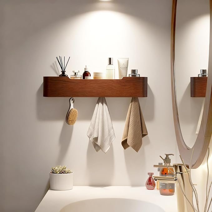 Wall Coat Rack Floating Shelves Modern Coat Rack Wall Mount with Storage Entryway Shelf Wooden Hanger 20 Inch 4 Hidden Metal Hooks for Living Room Bedroom (Walnut Color, 5 Hooks)