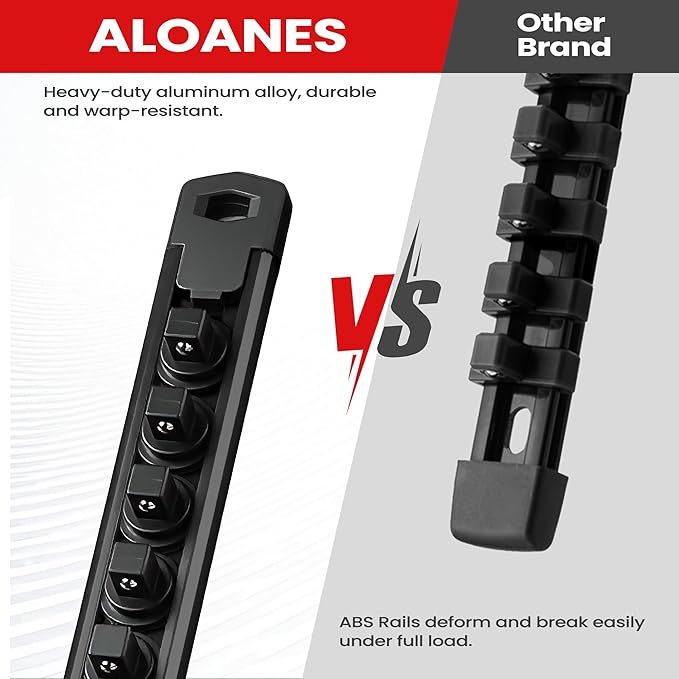 ALOANES 3/8-Inch Drive Magnetic Socket Organizer, Heavy Duty Aluminum Socket Rail Organizer, 360° Swivel Clips Socket Holder Kit for Tool Box, 3/8-Inch Socket Holder x 14 Clips (Black)