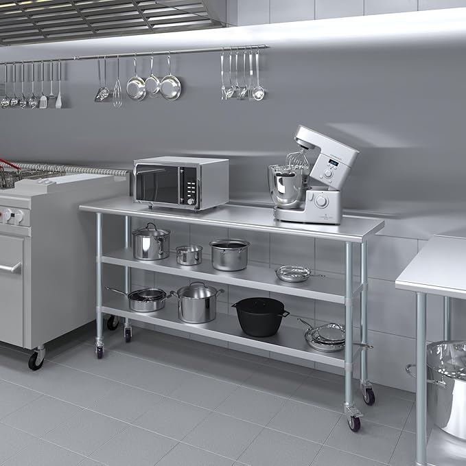 AmGood Stainless Steel Work Table with 2 Shelves and Casters | Metal Utility Table On Wheels (Stainless Steel Work Table with 2 Shelves + Casters, 72" Long x 18" Deep)