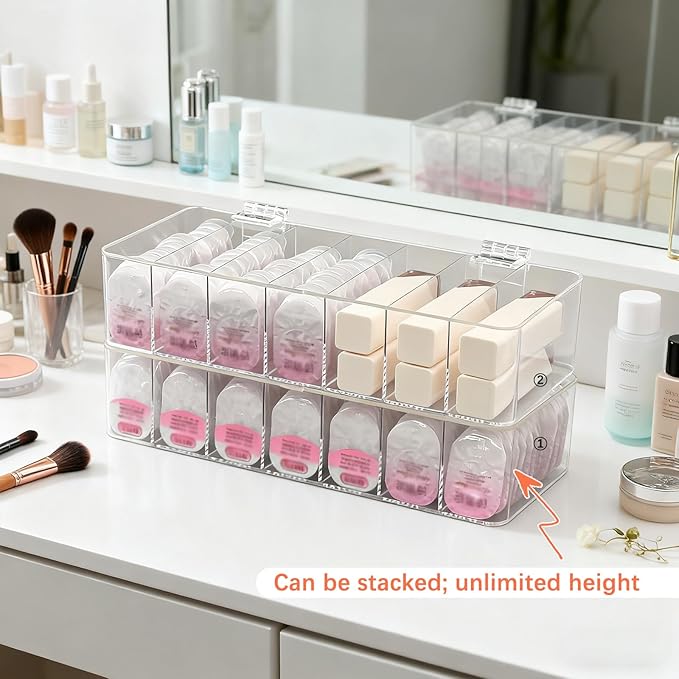 2 Pack Clear Acrylic Makeup Organizers, 7-Section Bathroom Organizer for Drawer, Cosmetic Display Cases with Lid, Blushes Highlighters Eyeshadow Powder Makeup Organizer Holder Storage