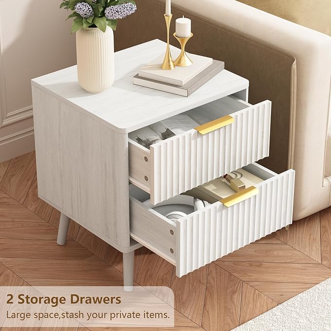 CARPETNAL Fluted Nightstand, White Bedside Table with 2 Drawers and Gold Handles, Wood End Table Mid Century Night Stands for Bedroom Living Room