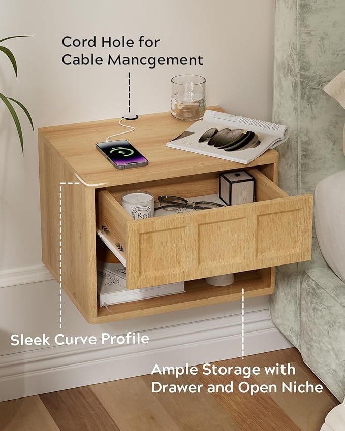 Floating Nightstand Set of 2, Wall Mounted Bedside Table with Storage Drawer and Open Shelf, Modern Night Stand with Curved Corners for Living Room, Bedroom, Dorm, Natural Oak