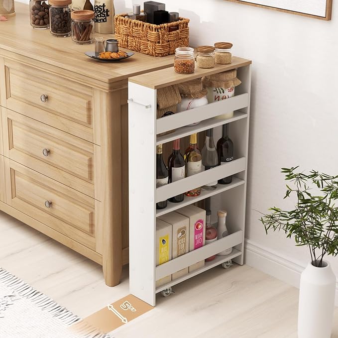 Slim Rolling Storage Cart, 4 Tier Narrow Kitchen Cart with Wheels, Between Washer and Dryer Cart, Wood Shelving Unit Organizer w/Handle for Small Spaces (White & Natural, 5-Inch)