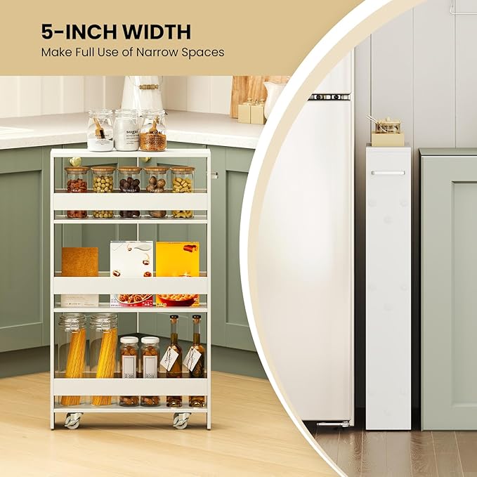 Small Kitchen Cart, 4-Tier Slim Rolling Island w/Handle, Laundry Room Storage Organizers Between Washer and Dryer, Narrow Spice Rack on Wheels Next to Fridge (White, 5'')