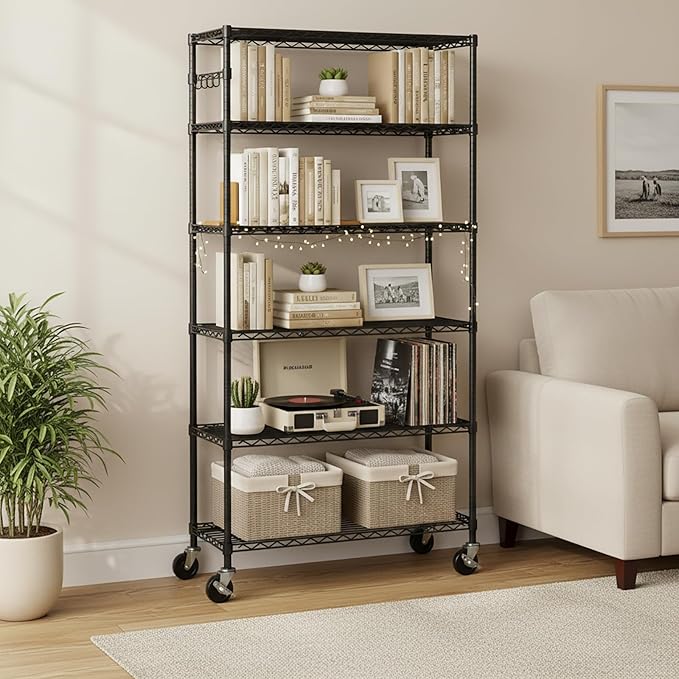 6-Tier Metal Storage Rack with Wheels, Sturdy Adjustable Wire Shelving Unit Rolling Shelf for Garage, Kitchen, Pantry, 36" W x 14" D x 75" H, Black