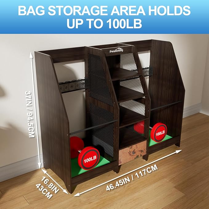 Golf Bag Storage Organizer for Garage, Premium Wooden 2 Golf Bags Rack with Drawer, Easy Assemble Golf Club Stand/Holder Suitable for Garage Home Simulator and Office
