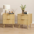 CARPETNAL Fluted Nightstand Set of 2, Oak Bedside Table with 2 Drawers and Gold Handles, Wood End Table Mid Century Night Stands for Bedroom Living Room