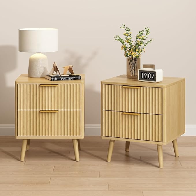 CARPETNAL Fluted Nightstand, Oak Bedside Table with 2 Drawers and Gold Handles, Wood End Table Mid Century Night Stands for Bedroom Living Room