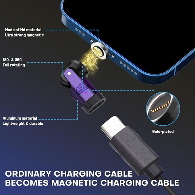 Magnetic USB C 90 Degree Adapter 240W, Can Be Type-C Cord Into Right Angle Magnetic USB C Charging Cable, Magnet Charger USBC Adapter 180&360 OTG Tips for Phone 17/16 Tablet(1 Pack Purple)