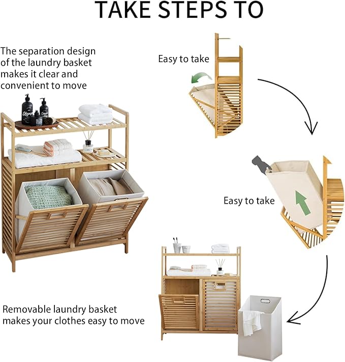 Double Tilt Out Laundry Hamper, Bamboo Hamper with 2 Removable Bags, Pull Out Laundry Hamper Cabinet, Bathroom Storage Shelf for Laundry Room, Living Room, Bedroom (2-Tier, Natural)