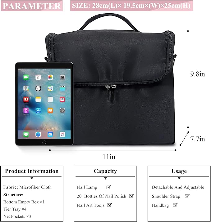 Large Makeup Carrying Train Case for Women, Black Travel Bag Storage Box,4 Tier Professional Nail Organizer Case with Adjustable Dividers for Nail Tools Jewelry MakeUp Brushes