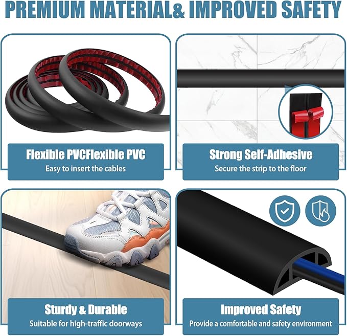 Floor Cord Covers for Wires 20FT Cable Hider Wire Coverr Self Adhesive Cord Hider Floor for Offices, Homes, Workshops, Warehouses Cable Cavity 0.47" W x 0.27" H