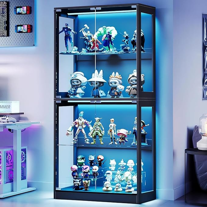 AMERLIFE RGB Display Cabinet with Adjustable Glass Shelves, 4-Tier Storage Case with LED Lights & Press-to-Open Doors, Modern Display Shelf for Collectibles, Black 70" H×32" L×16" D