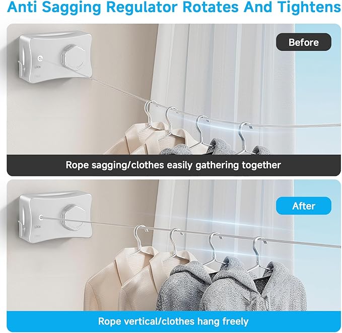 Retractable Outdoor Clothes Line,Heavy Duty Clothes Drying Laundry Line Wall Mounted Stainless Steel Line-16.7 Feets-White