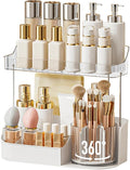DASITON Large Capacity Makeup Organizer with 360° Rotating Makeup Brush Holder, Perfume and Skincare Storage Organizers for Vanity Bathroom Countertop, Cosmetic Display Case (White, 2 Tier)