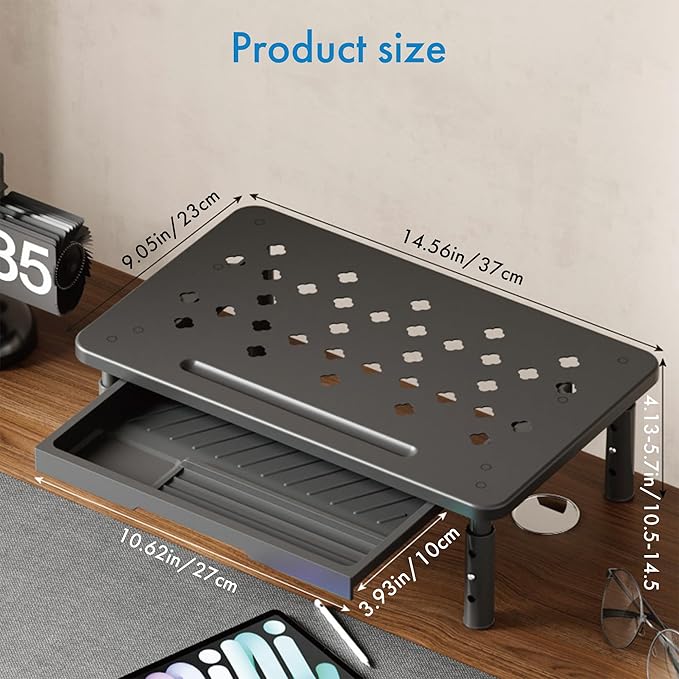 Monitor Stand Riser with Drawer - Adjustable Height (10.5-14.5cm) 3 Gears, Carbon Steel Desk Organizer for Computer/Laptop, Ventilated, Multi-Layer Storage for Office Home (Black)