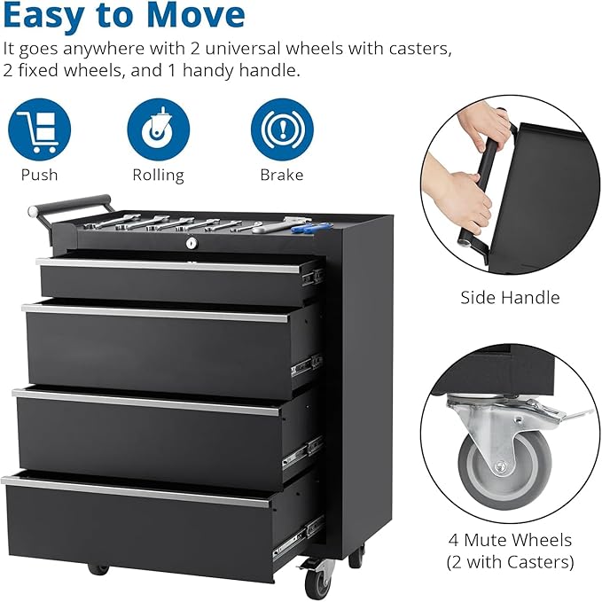 IDEALHOUSE Rolling Tool Chest, 4 Drawers Tool Storage Cabinet, Toolbox with Wheels, Portable Tool Cabinet Organizer with Locking System & Drawer Liners, Tool Storage Cart for Garage, Workshop, Black