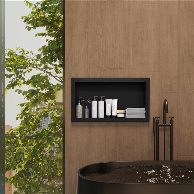 12" x 24" Stainless Steel Shower Niche, Single Waterproof Shelves, No-Tile Needed Bathroom Organizer, Rustproof Wall Shelf for Shampoo, Soap & Toiletries, Black