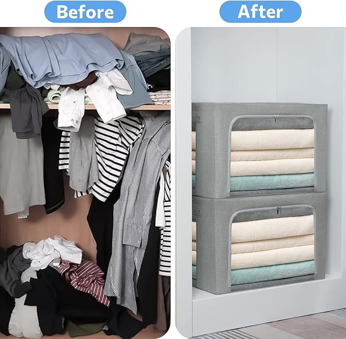 CYhom 3Pack Foldable Storage Bins - Frame Storage Box Linen Fabric Stackable Clothes Container Organizer with Clear Window & Carry Handles Large Capacity (Extra Large-100L, Dark Gray)
